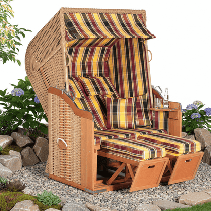 Strandkorb SunnySmart Rustikal 250 Plus beige mit gelb rot schwarzem Dessin 1216 als komfortabler 2-Sitzer im Garten