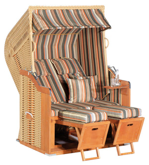 Strandkorb SunnySmart Rustikal 250 Plus aus PVC-Geflecht beige mit Dessin 1235 orange grau als bequemer 2-Sitzer Halbliegemodell