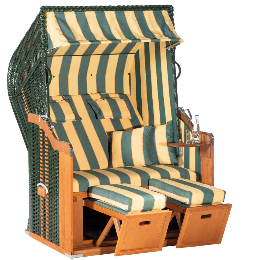 Strandkorb SunnySmart Rustikal 250 Plus grün gelb, 2-Sitzer Liegemodell mit Fußstützen und Polstern im Streifendesign