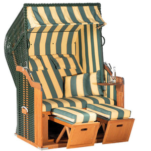 Strandkorb SunnySmart Rustikal 250 Plus grün gelb, 2-Sitzer Liegemodell mit Fußstützen und Polstern im Streifendesign