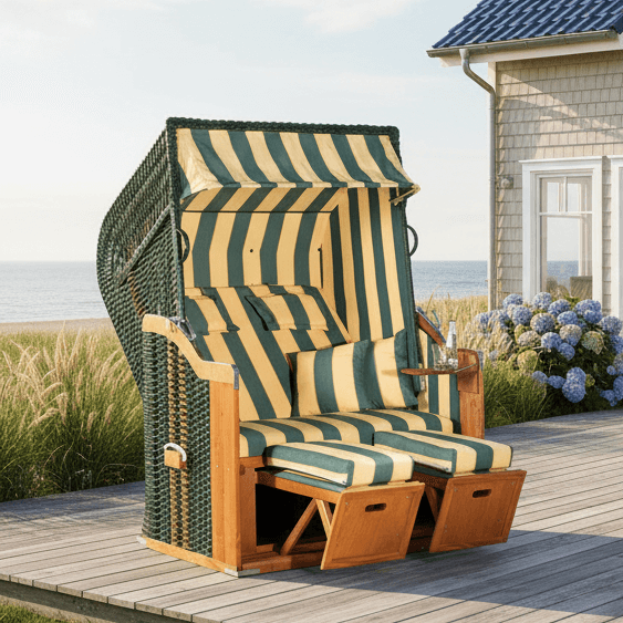 Strandkorb SunnySmart Rustikal 250 Plus grün gelb gestreift als 2-Sitzer Halbliege auf Terrasse mit Meerblick