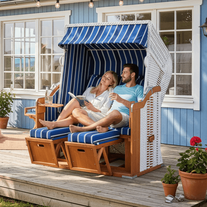 Strandkorb SunnySmart Rustikal 250 Plus in blau-weiß auf Terrasse, gemütlicher 2-Sitzer Strandkorb zum Liegen und Entspannen