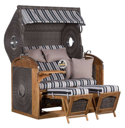 Strandkorb Sailor Teak in steingrau mit gestreiftem Auflagen und verstellbarem Dach, ideal für Garten und Terrasse.