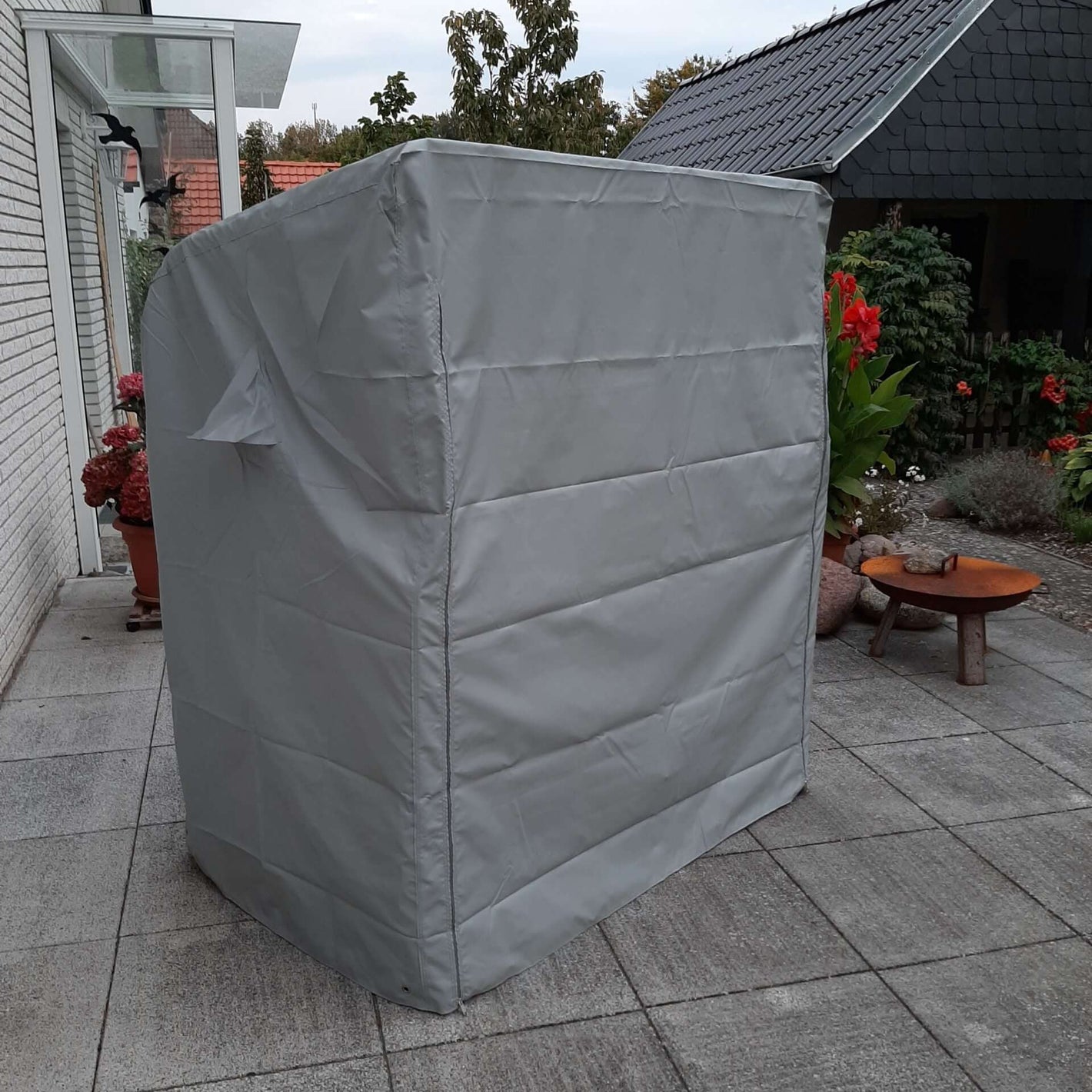 Strandkorb Schutzhülle Zeltbahngewebe für Heringsdorfer Modelle in grau, BTH 95x89x160 cm, Ostseeform Einsitzer Usedom.