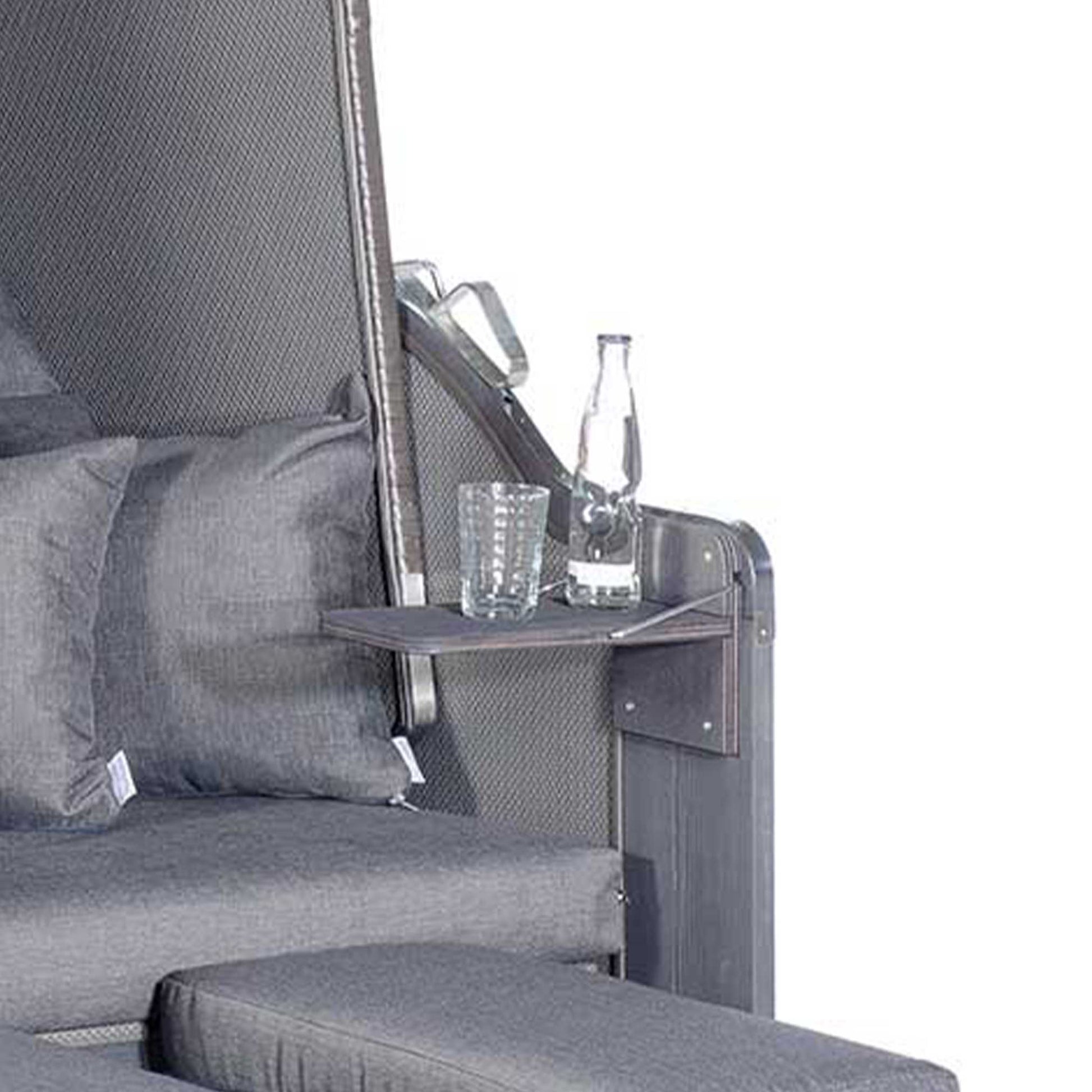 Strandkorb Seitentisch mit Klapptisch für Rustikal 50 und 250, ideal für Getränke und Snacks am Strand.