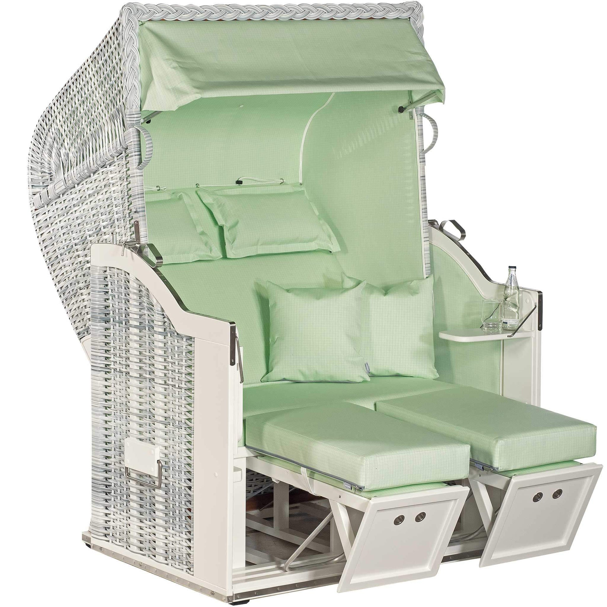 Strandkorb Classic 2-Sitzer white-washed mit mintgrünen Polstern und modernem Design für entspannten Komfort.