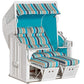 Strandkorb Classic 2-Sitzer Weiß Ocean mit türkisfarbenem Stoff und gestreiften Kissen, ideal für entspannte Stunden im Freien.