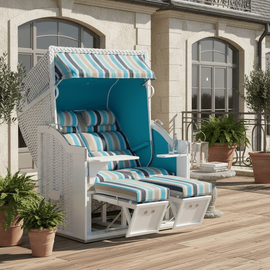 Strandkorb Classic 2-Sitzer Weiß Ocean Dessin 717 türkis auf Terrasse, verstellbar und komfortabel für zwei Personen