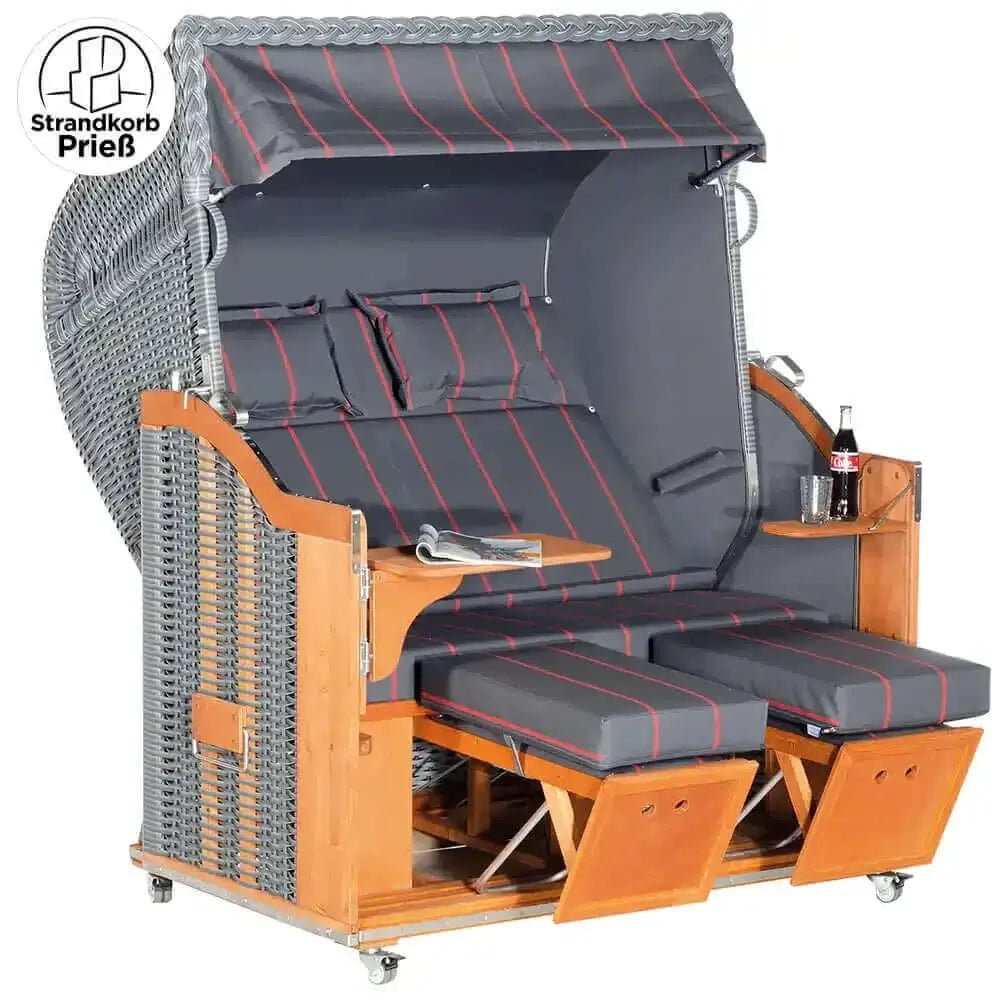Strandkorb Sonnenpartner Modell Classic PE Geflecht onix mit Fahrrollen, Komfortkopfkissen, Bistrotisch und anthrazitem Dessin 190