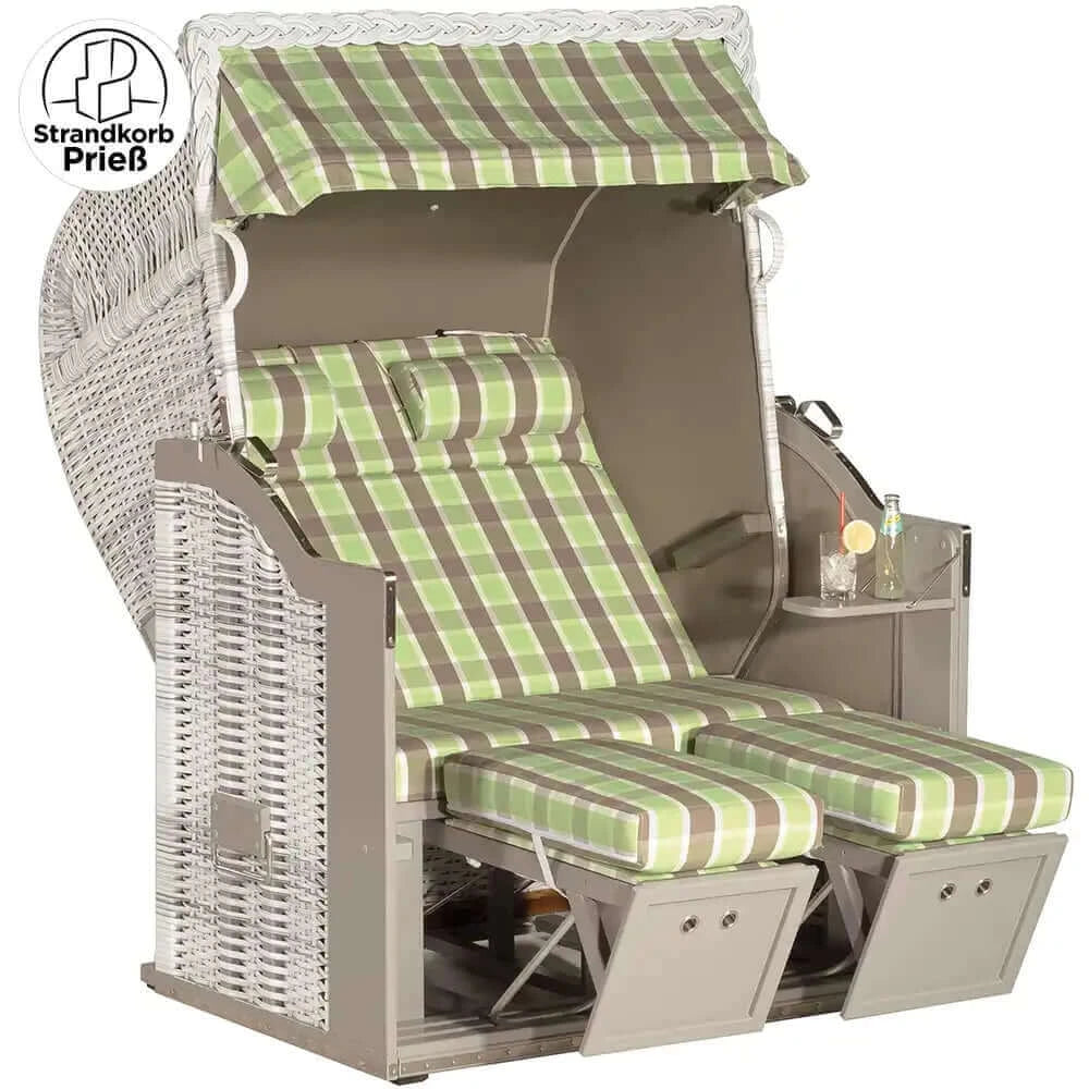 Strandkorb Sonnenpartner Classic PE white-washed mit taupe Holz und grün kariertem Dessin Jacapo für Garten und Terrasse