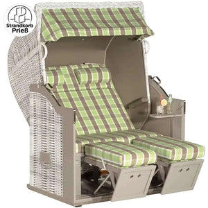 Strandkorb Sonnenpartner Classic PE white-washed mit taupe Holz und grün kariertem Dessin Jacapo für Garten und Terrasse