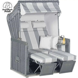 Strandkorb Sonnenpartner Konsul Modell mit PE-Geflecht, grauer Innenstoff und Nackenkissenrollen.