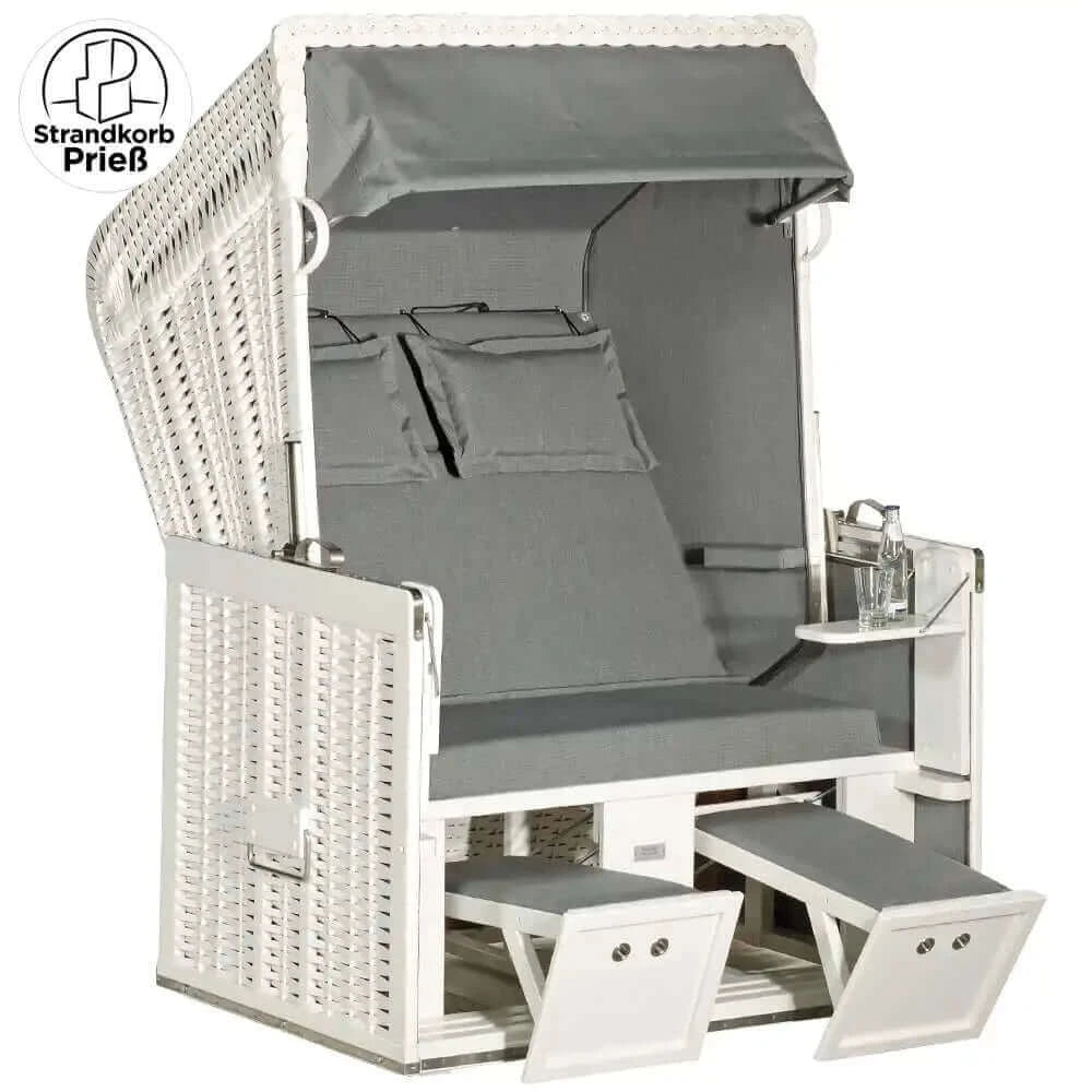 Strandkorb Sonnenpartner Konsul 8116 weißes Geflecht mit grauem Dessin 718, ausklappbaren Fußstützen und Nackenrollen