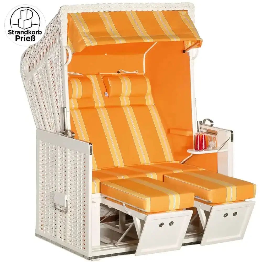 Strandkorb Sonnenpartner Konsul weißes Geflecht mit gelb gestreiftem Dessin 81, verstellbare Fußstützen und Nackenrollen für zwei Personen