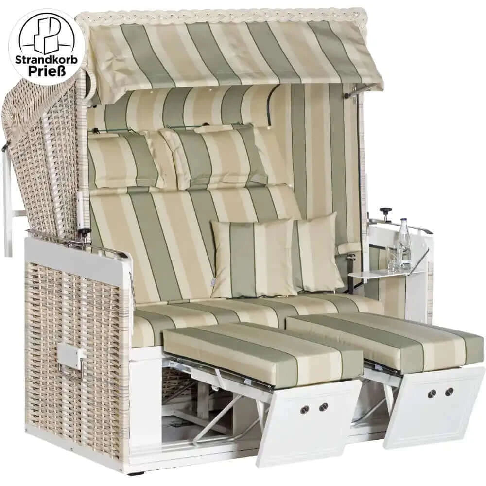 Strandkorb Sonnenpartner Modell Präsident Aluminium XL in antik-weißem Geflecht mit beigem Streifendesign und verstellbaren Fußstützen