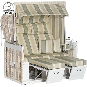 Strandkorb Sonnenpartner Modell Präsident Aluminium XL in antik-weißem Geflecht mit beigem Streifendesign und verstellbaren Fußstützen