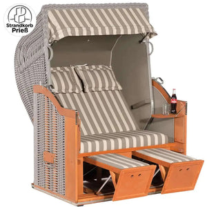 Strandkorb Sonnenpartner Classic PE taupe mit Holzgestell, verstellbarer Liegefläche und Fußstützen, Dessin Banda Canela uni taupe