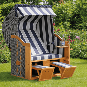 8011 Strandkorb Sonnenpartner Modell Classic Geflecht blau mit weissen Nadelstreifen, Holz lasiert, Dessin 118 wie abgebildet