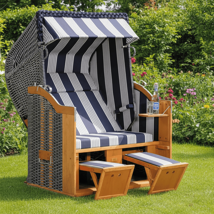 8011 Strandkorb Sonnenpartner Modell Classic Geflecht blau mit weissen Nadelstreifen, Holz lasiert, Dessin 118 wie abgebildet