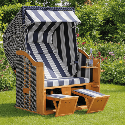 8011 Strandkorb Sonnenpartner Modell Classic Geflecht blau mit weissen Nadelstreifen, Holz lasiert, Dessin 118 wie abgebildet