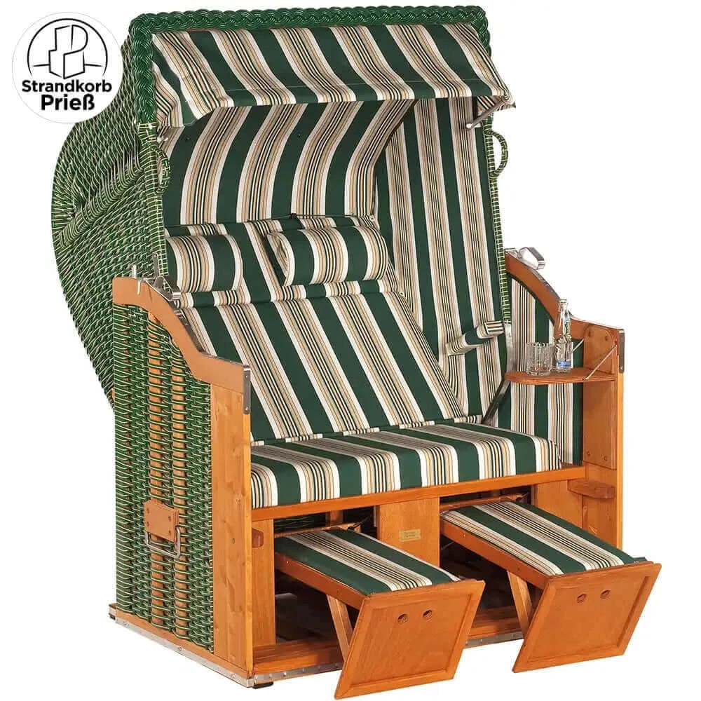 Strandkorb Sonnenpartner Classic grün mit Holzgestell, grün-gestreiftem Dessin 14, Nackenrollen und ausziehbaren Fußstützen