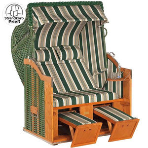 Strandkorb Sonnenpartner Classic grün mit Holzgestell, grün-gestreiftem Dessin 14, Nackenrollen und ausziehbaren Fußstützen