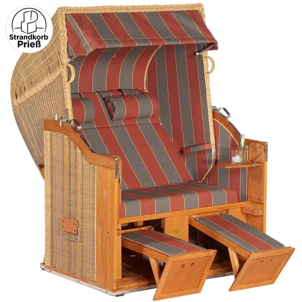Strandkorb Sonnenpartner Modell Classic PE Geflecht Rattanoptik mit Holz lasiert und Dessin 28, gemütlicher Zweisitzer Strandkorb