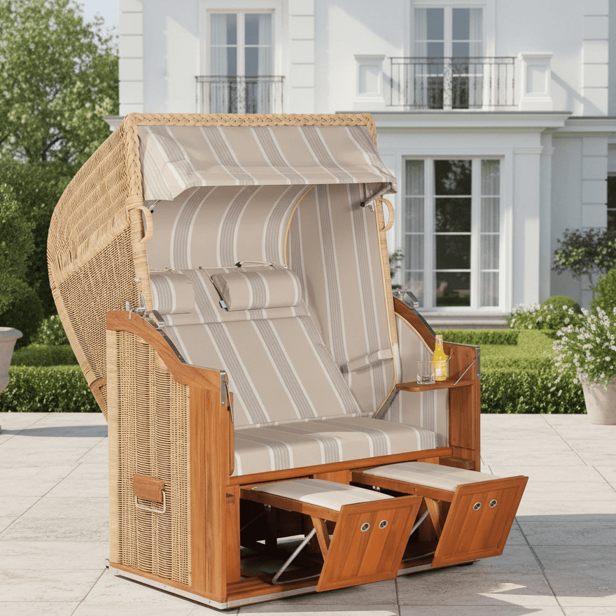 Strandkorb Sonnenpartner Classic Teak mit Nackenrollen und Fußstützen im Garten vor weißem Haus, Rattanoptik, Dessin 16 gestreift