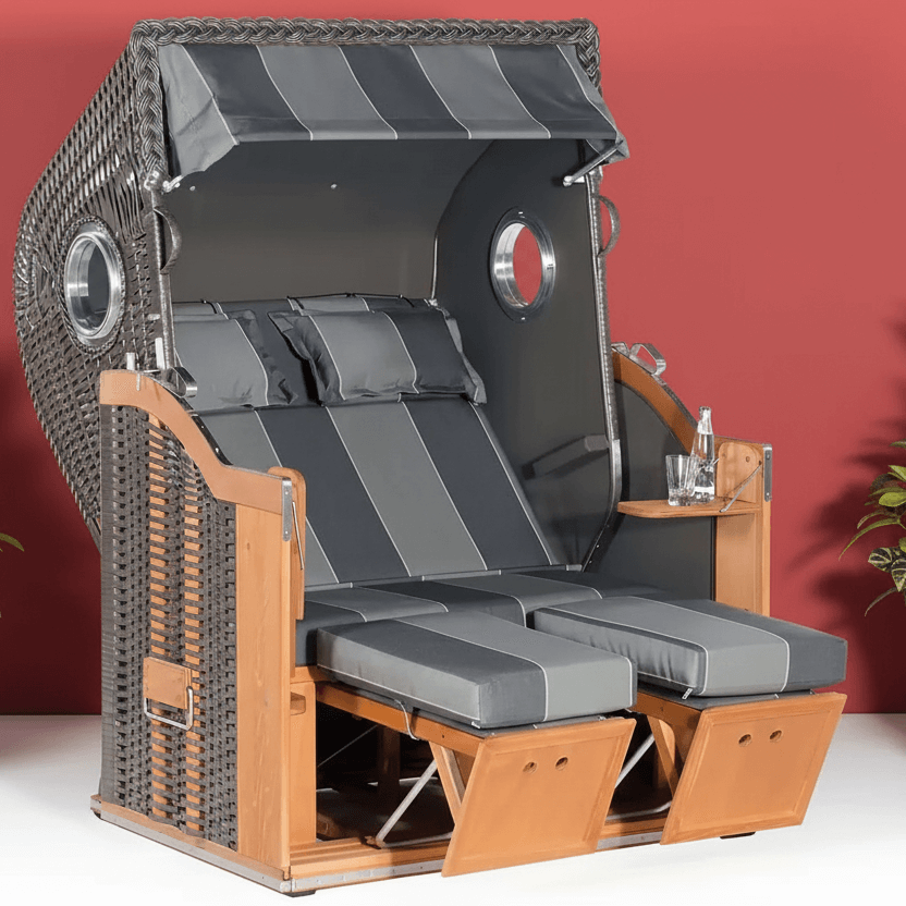 Strandkorb Sonnenpartner Classic 8000 anthrazit Geflecht, Holz lasiert, Dessin 29 mit Komfortkopfkissen und verstellbaren Fußstützen