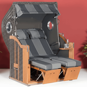 Strandkorb Sonnenpartner Classic 8000 anthrazit Geflecht, Holz lasiert, Dessin 29 mit Komfortkopfkissen und verstellbaren Fußstützen