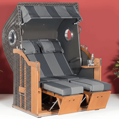 Strandkorb Sonnenpartner Classic 8000 anthrazit Geflecht, Holz lasiert, Dessin 29 mit Komfortkopfkissen und verstellbaren Fußstützen