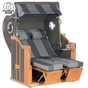 Strandkorb Sonnenpartner Classic 8000 anthrazit Geflecht mit Holz lasiert, Dessin 29, verstellbaren Fußstützen und Komfortkopfkissen