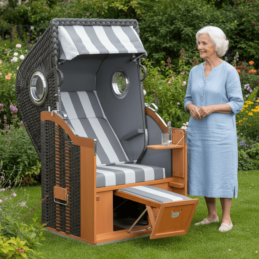 Strandkorb Sonnenpartner Classic anthrazit mit grauen Polstern und Holzgestell im Garten, ältere Frau steht lächelnd daneben