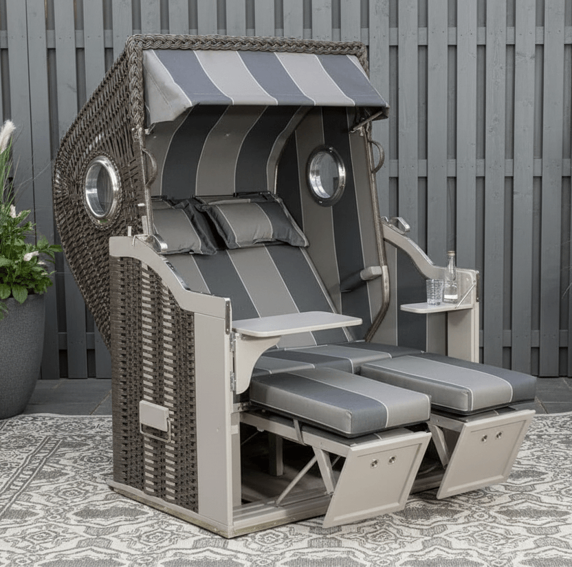 Strandkorb Sonnenpartner Classic 8002 in anthrazit Geflecht mit Holz taupe und Dessin 29, Luxus-Strandkorb mit Komfort-Nackenkissen