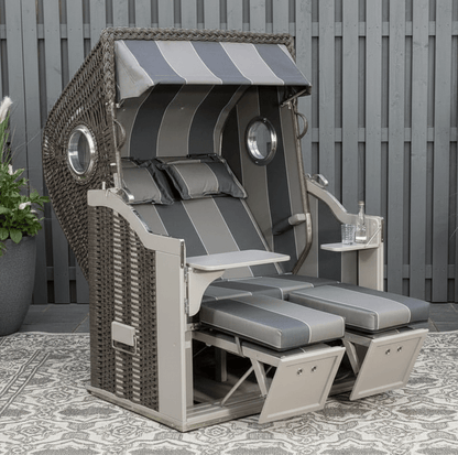 Strandkorb Sonnenpartner Classic 8002 in anthrazit Geflecht mit Holz taupe und Dessin 29, Luxus-Strandkorb mit Komfort-Nackenkissen
