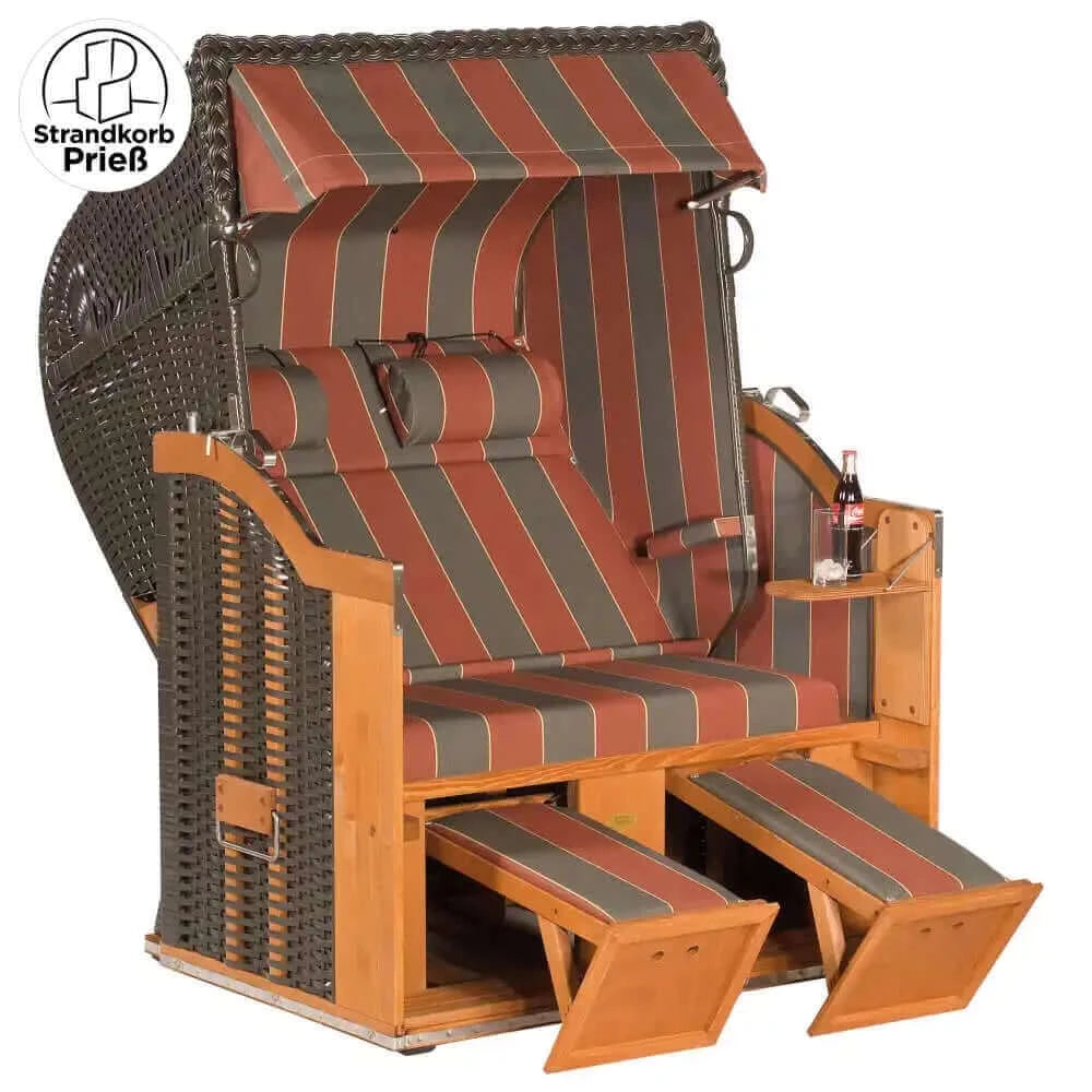Strandkorb Sonnenpartner Classic 8007, Geflecht anthrazit, Holz lasiert, Dessin 28 mit Nackenrollen und Fußstützen, seitlichem Tisch