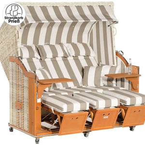Strandkorb Sonnenpartner Modell Classic PE Geflecht antik-weiss mit Fahrrollen, Komfortkopfkissen, Bistrotischen und Dessin 186 gestreift