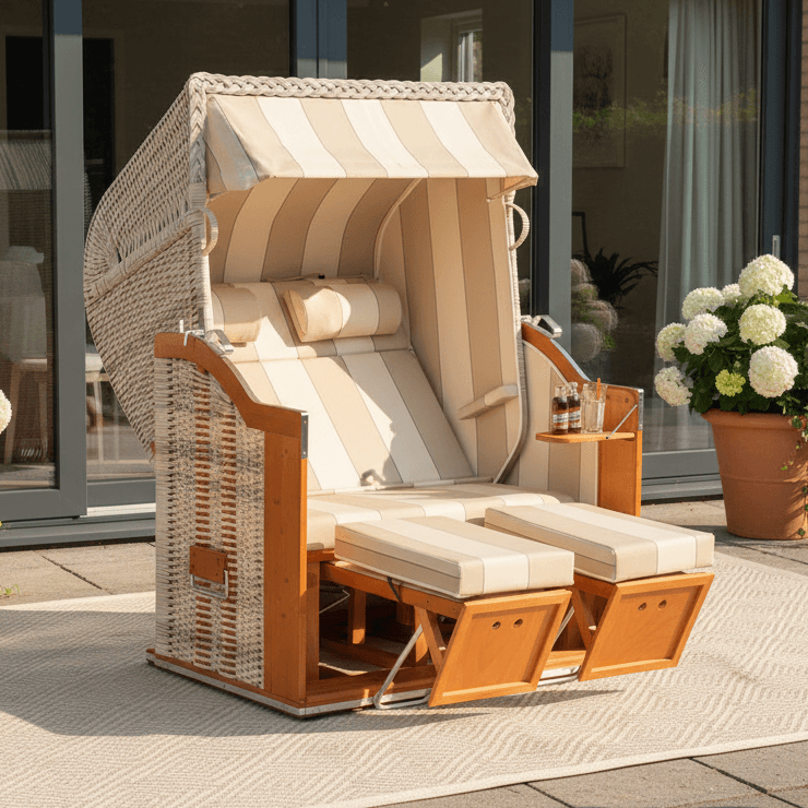 Strandkorb Sonnenpartner Classic 8021 aus PE-Geflecht antik-weiß mit Nackenrollen und Fußstützen auf Terrasse vor Haus