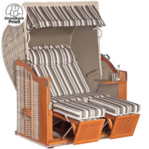 Strandkorb Sonnenpartner Modell Classic PE Geflecht antik weiß mit Vito-709 taupe Streifendesign und Komfortkopfkissen