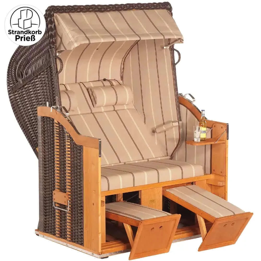 Strandkorb Sonnenpartner Classic PE Geflecht cappuccino mit Nackenrollen, Holz lasiert, Dessin 57, verstellbare Fußstützen und Seitentisch
