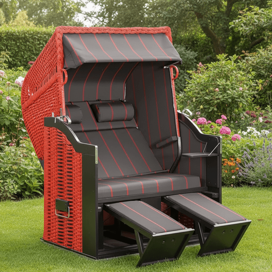 Strandkorb Sonnenpartner Classic 8014 in Rot mit schwarzem Holz und Dessin 190, verstellbarer Zweisitzer im Garten mit Fußstützen