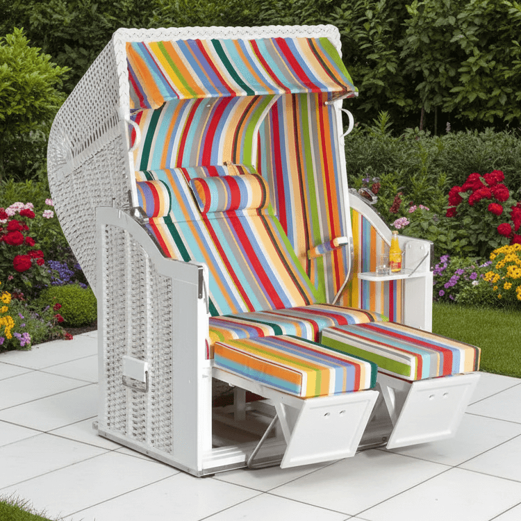 Strandkorb Sonnenpartner Classic weißes Geflecht mit buntem Dessin 13 Streifenpolster, Nackenrollen und Fußstützen im Garten auf Terrasse