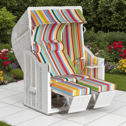 Strandkorb Sonnenpartner Classic weißes Geflecht mit buntem Dessin 13 Streifenpolster, Nackenrollen und Fußstützen im Garten auf Terrasse