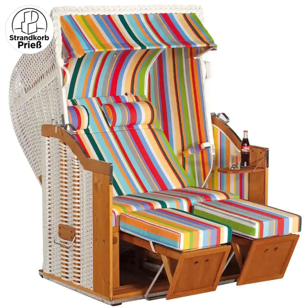 Strandkorb Sonnenpartner Classic weißes Geflecht mit bunt gestreiftem Dessin 13, Holz lasiert, mit Nackenrollen und Fußkissen