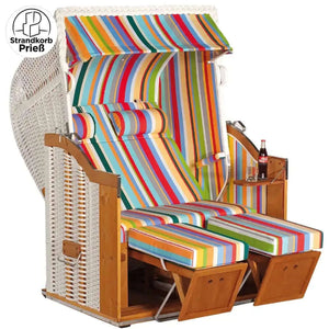 Strandkorb Sonnenpartner Classic weißes Geflecht mit bunt gestreiftem Dessin 13, Holz lasiert, mit Nackenrollen und Fußkissen