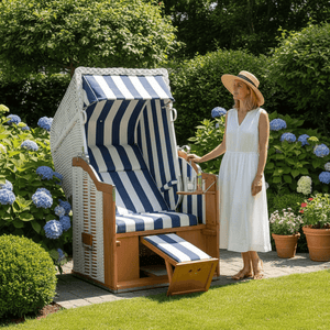Strandkorb Modell Classic weißes Geflecht blau weiß gestreift mit Klapptisch im Garten, Frau in Sommerkleid steht daneben