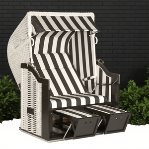 Strandkorb Sonnenpartner Classic 8057, Geflecht weiß, Holz schwarz, Dessin 83, moderner Strandkorb vor dunkler Wand