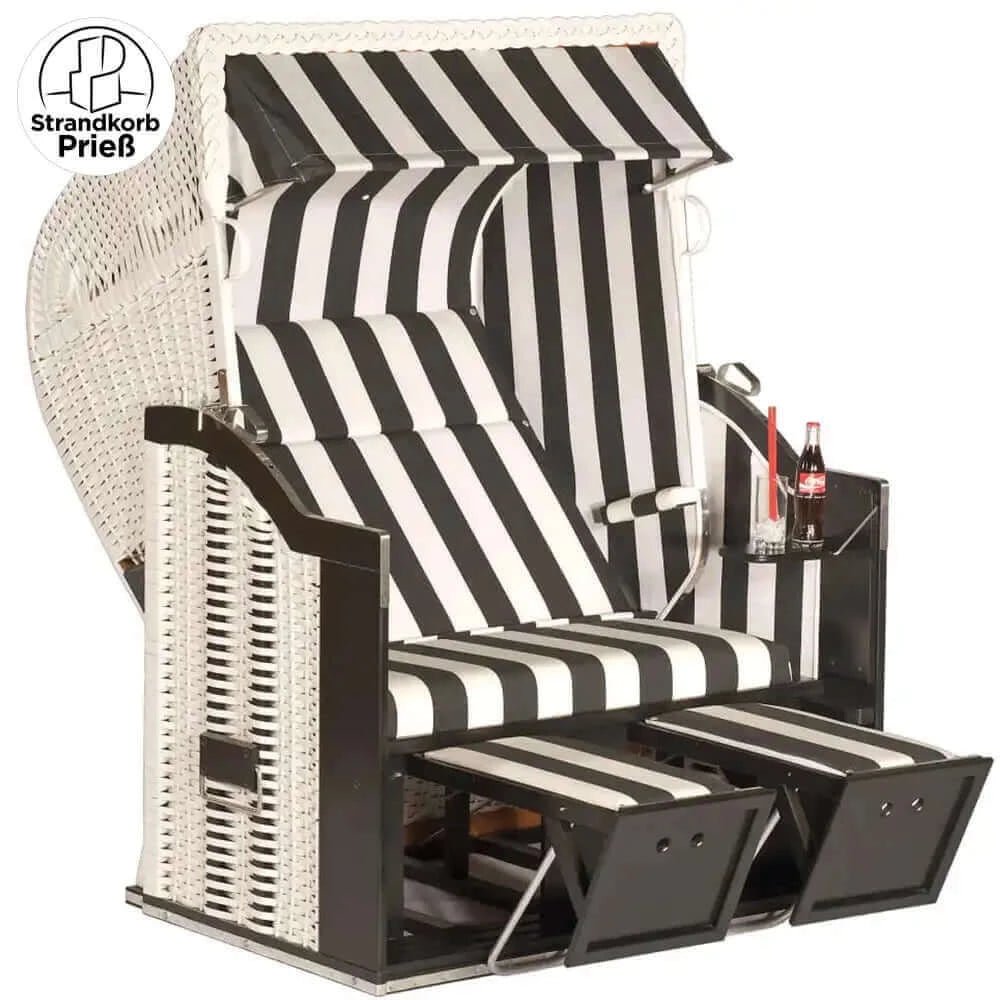 Strandkorb Sonnenpartner Classic 2-Sitzer, Geflecht weiß, Holz schwarz, Dessin 83 mit Fußstützen und Getränkehalter
