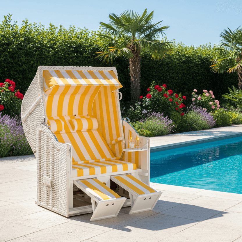 Strandkorb Sonnenpartner Classic weiß mit gelb gestreiftem Dessin 60, Komfort-Fußstützen, am Pool im Garten aufgestellt