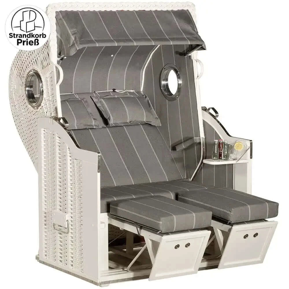 Strandkorb Sonnenpartner Classic 8098 aus weißem PE-Geflecht mit grauen Polstern und verstellbaren Fußstützen, Modell Dessin 198